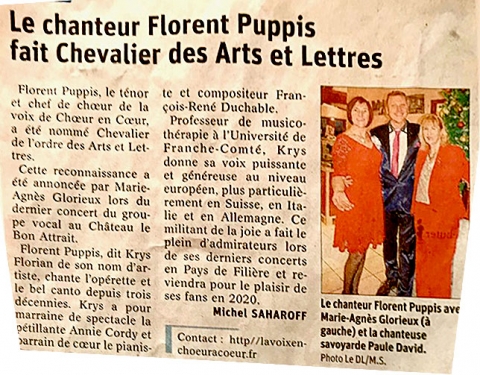 Le chanteur Florent Puppis fait Chevalier des Arts et Lettres